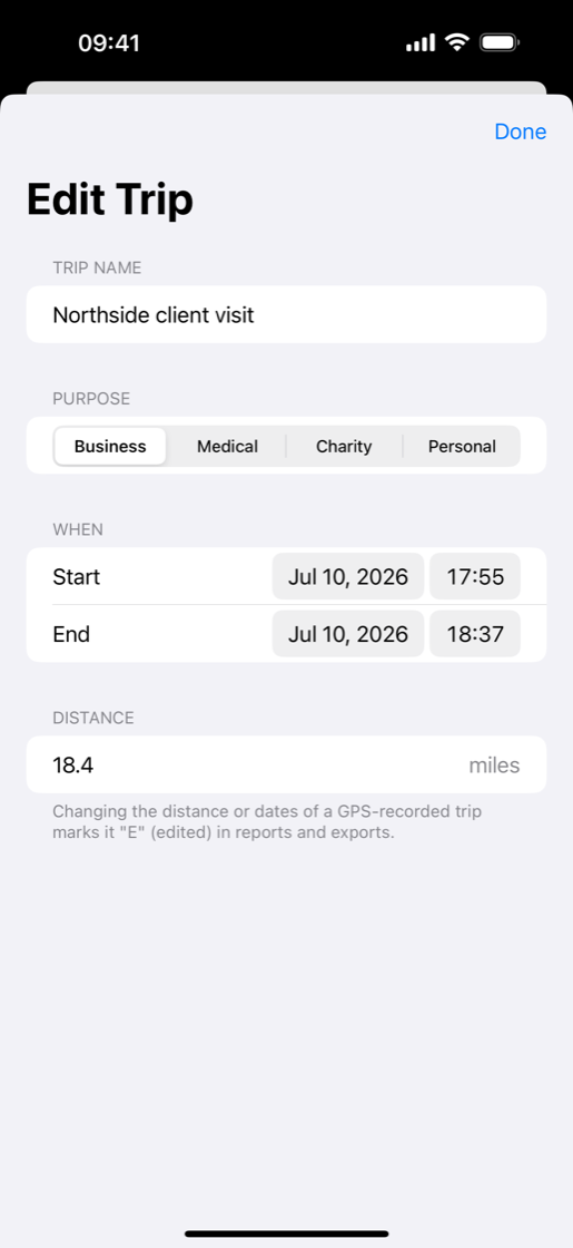 VeriMile edit trip screen with fields for trip name, purpose, distance, and start and end dates.