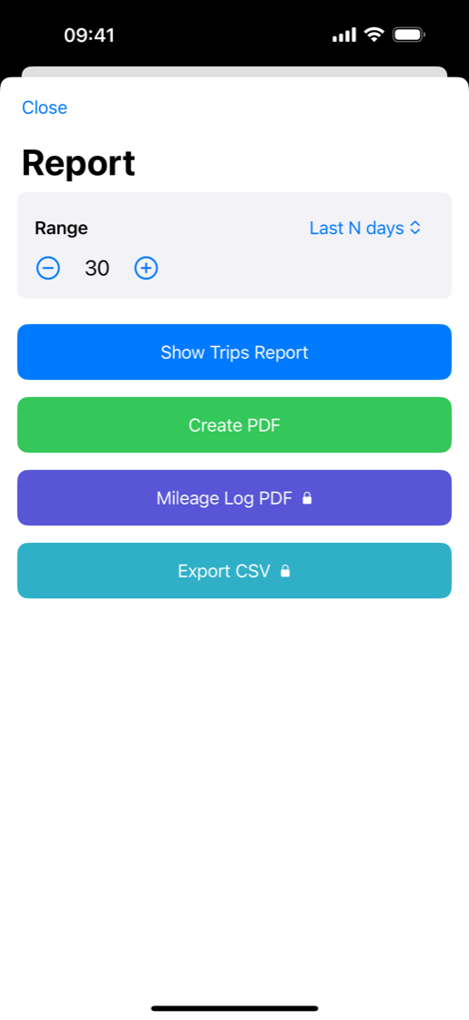 VeriMile report screen with a range picker offering this month, last month, this year, last year and custom dates.