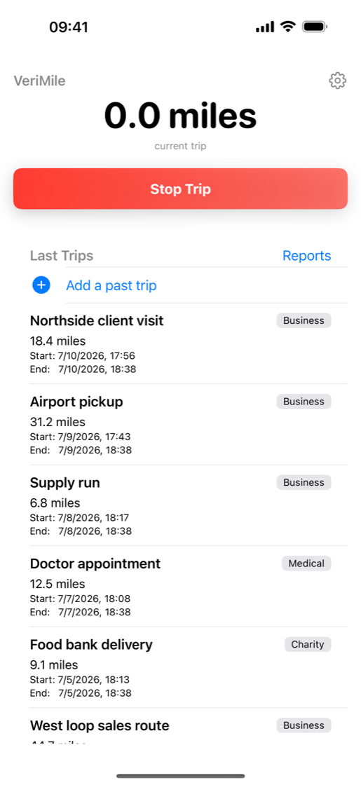 VeriMile tracking a trip in progress on iPhone with a live distance readout and a Stop Trip button.